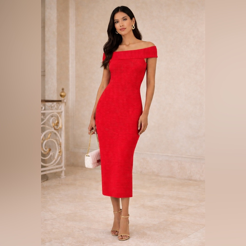 Jonathan‎ Simkhai Red Ribbed Off Shoulder Bodycon Midi Dress XS